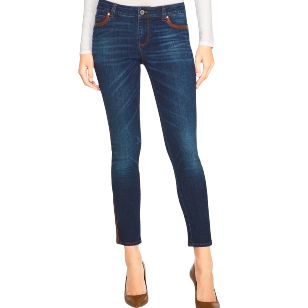 White House Black Market Denim Brown Leather Accent Zip Ankle Blue Jeans 0
